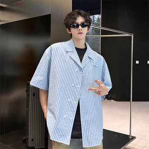 春夏英伦学院风青春男大竖条纹短袖衬衫翻领外套 口袋设计短袖P40图片