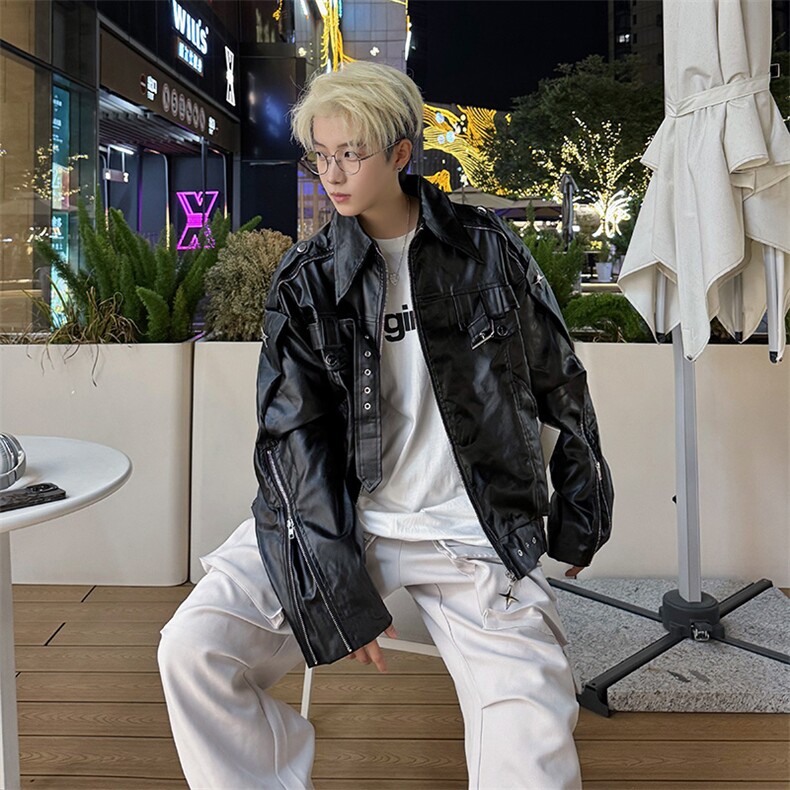 春秋款美式复古高街皮衣外套潮牌高级感小众短款机车服夹克,男装夹克,星座410-7