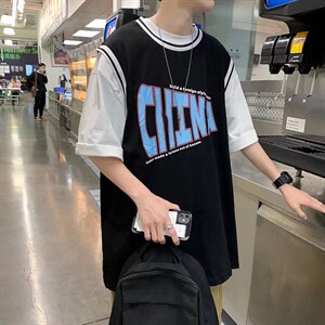 男圆领T恤假两件宽松短袖T217P28图片
