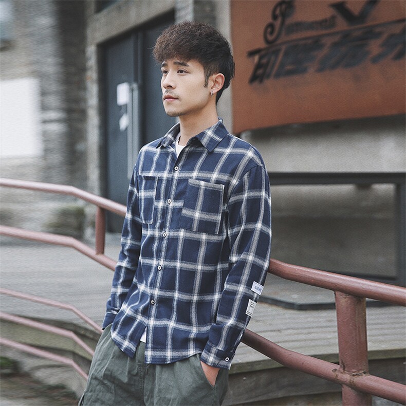 2021春季外景日系大码男休闲格子宽松纽扣翻领衬衫C503-P45，男装衬衫，电商A001