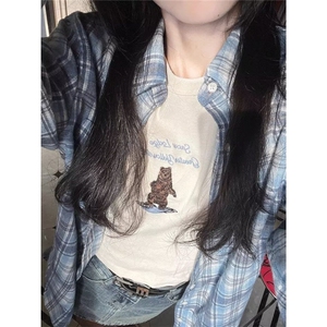 早春格子长袖衬衫女夏季防晒宽松外穿衬衣设计感小众翻领上衣外套图片