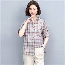 2022年夏季新款短袖衬衣格子衬衫女时尚韩版上衣潮，女装衬衫，忆绮罗