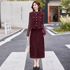 独束大码女装复古怀旧通勤三件套2024冬季安哥拉红马甲T恤半身裙，女装套装/套裙，慕依路