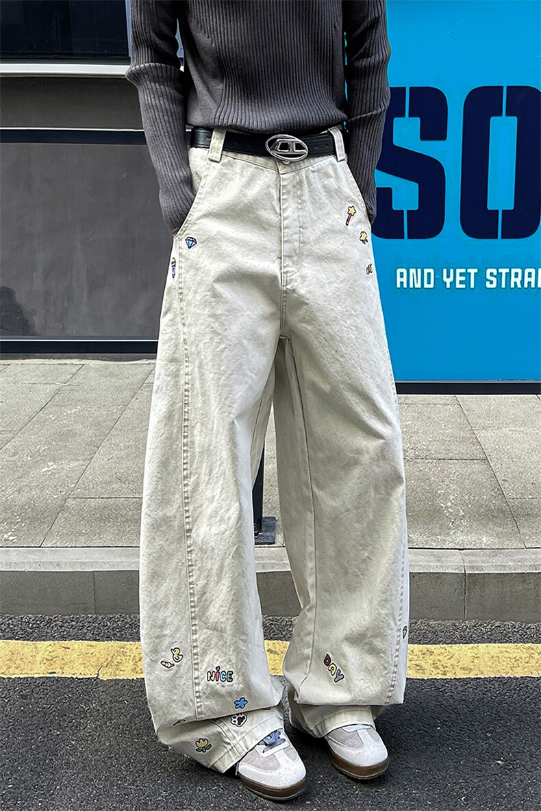 8X-M卡通绣花休闲裤男2025新款情侣宽松阔腿弯刀裤子K9173P78,男装休闲裤,电商D206-1