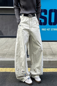 8X-M 卡通绣花休闲裤男2025新款情侣宽松阔腿弯刀裤子K9173P78图片