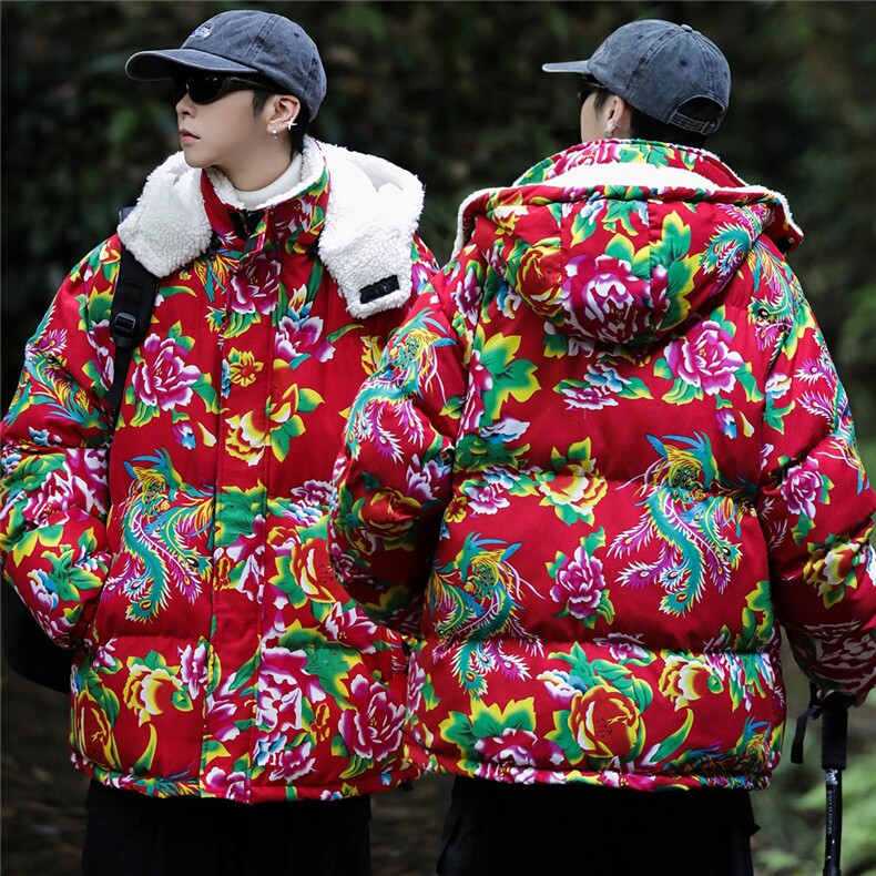 A1情侣装东北大花羊羔毛棉衣保暖防寒风汉服团队服可脱卸帽图片
