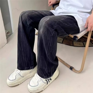 松紧腰美式扎花闪电纹直筒宽松牛仔裤男女百搭高街设计感长裤子潮图片