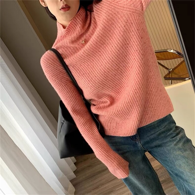 时尚女士秋冬彩点一线宽抽条高翻领羊毛衫 显瘦百搭保暖针织衫图片