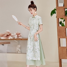 日常印花长裙女夏季新款送考连衣裙气质修身中式改良版奥黛旗袍裙，女装连衣裙，利佳可人