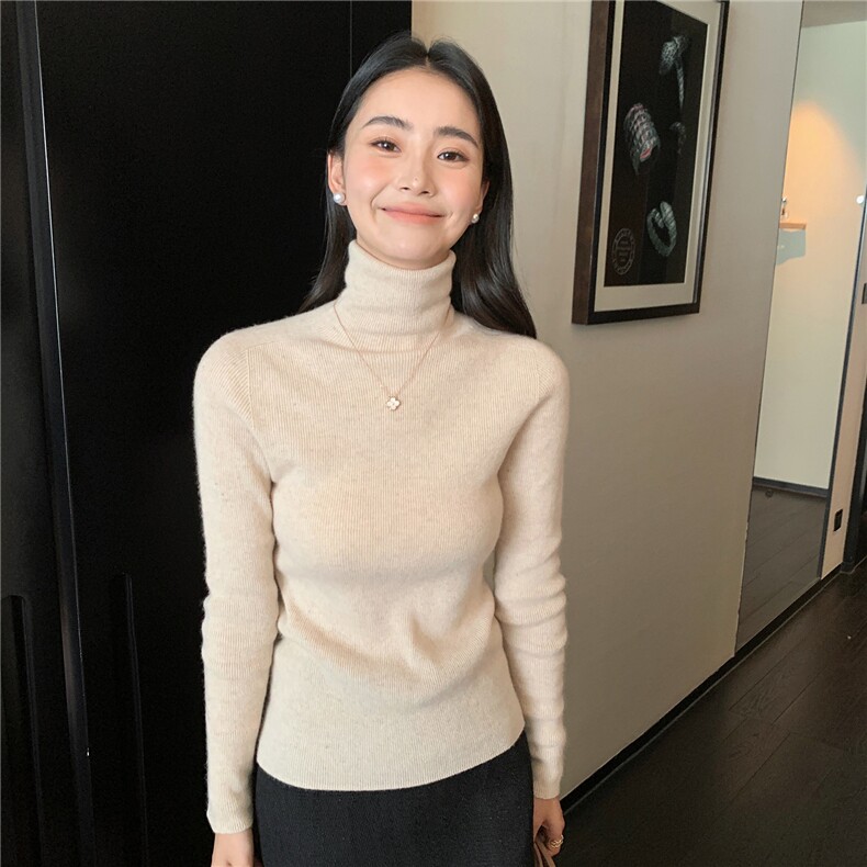 2025秋冬百搭时尚简约堆堆领打底衫紧身修身打底衫,女装羊绒衫,玛卡隆羊绒