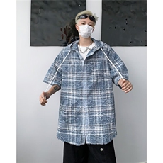 复古格纹连帽短袖衬衫男女街头宽松夏季新款毛边上衣潮CW1286，男装衬衫，星座1116A-1（原606A）