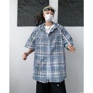 复古格纹连帽短袖衬衫男女街头宽松夏季新款毛边上衣潮 CW1286图片