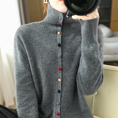 25秋冬100%纯羊毛开衫女高领彩纽扣拼色针织外套毛衣宽松羊毛上衣，女装羊毛衫，暮绒羊羊绒