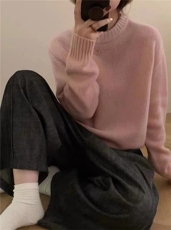 秋季新款简约百搭保暖圆领加厚针织衫女宽松显瘦长袖毛衣外套，女装针织衫/毛衣，圣旺供货