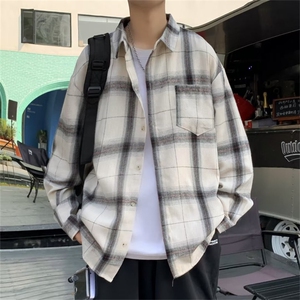 2022秋季格子长袖衬衫男新款潮流ins港风宽松衬衣外套 W6104-P32图片