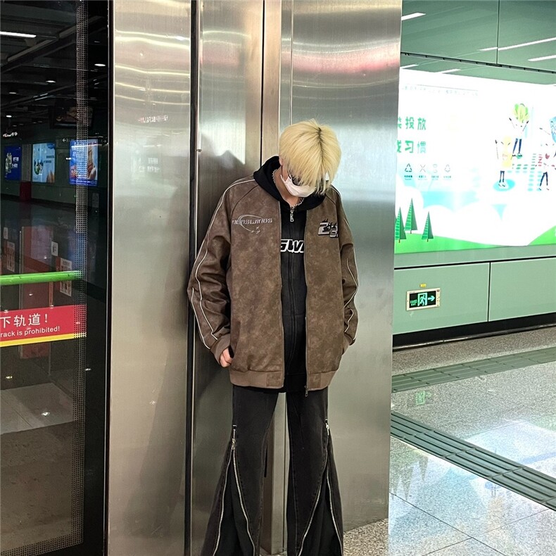 春秋新款复古PU皮外套男宽松美式情侣棒球领机车外套GAA6P70,男装工装外套,星座1013-5
