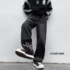 牛仔裤男秋冬复古潮牌ins直筒宽松休闲高街vibe老爹裤子N6235-p48，男装牛仔裤，星座1008-1