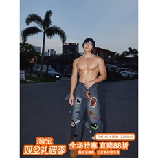 美式复古卡通毛巾刺绣水洗弯刀牛仔裤女秋季挂件设计宽松阔腿裤子，男装牛仔裤，四季星座505