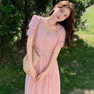 高级感小香风方领印花雪纺连衣裙女2025夏季新款收腰显瘦减龄长裙图片