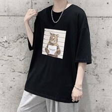 韩系素简卡通猫印花短袖T恤百搭大码宽松男潮517A-1-T916-P28控38，男装T恤，星座517A-1
