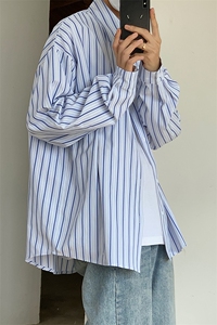 22春秋装条纹衬衫长袖男外套港风潮休闲宽松衬衣CS721P45控59图片