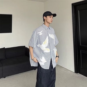 2025美式休闲鸽子印花条纹短袖衬衫ins复古设计感小众轻奢衬衣潮图片