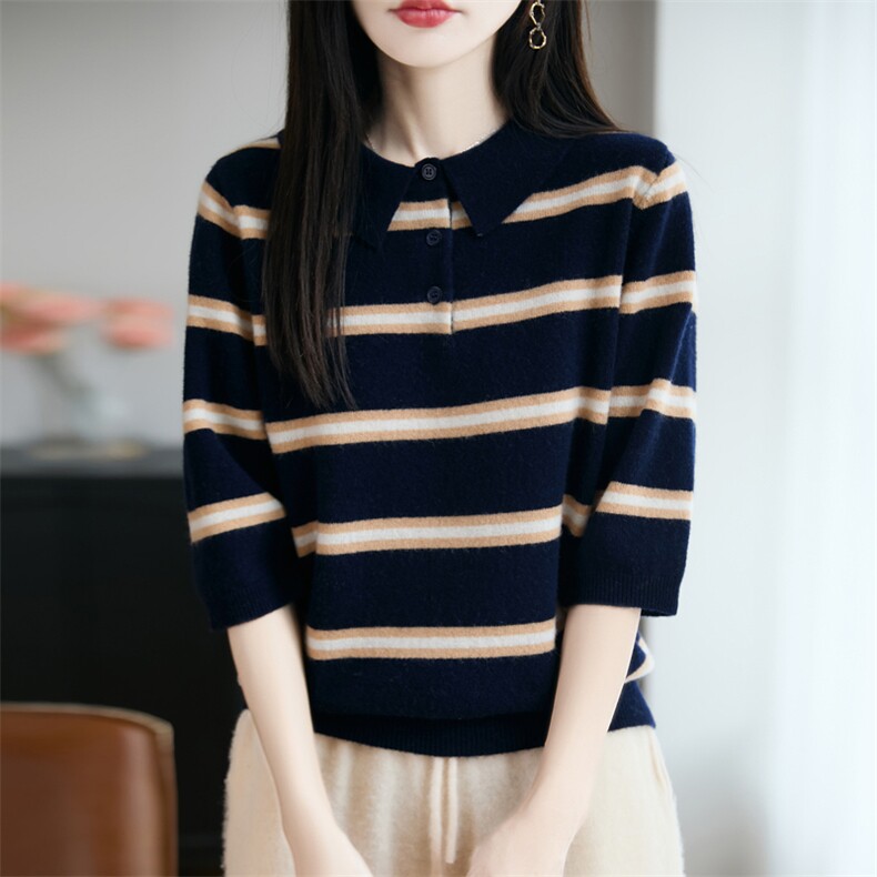 100%纯羊毛衫女Polo领五分袖拼色毛衣翻领条纹套头针织打底衫,女装羊毛衫,大美人包芯纱店