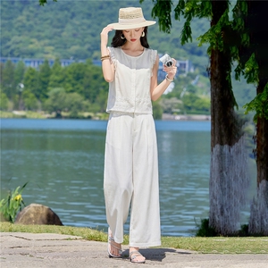 2026夏新款亚麻蕾丝花边拼接马甲阔腿裤套装图片