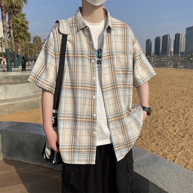 小香风格子衬衫翻领男大皂大码宽松痞帅外套格子衬衣A012/955TP26,男装衬衫,电商A012