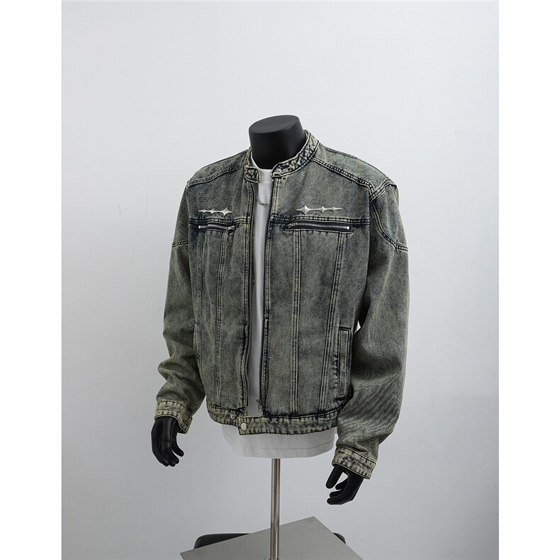 1303B-JK5501-P98158 原版做工重工水洗金属装饰垫肩牛仔外套图片