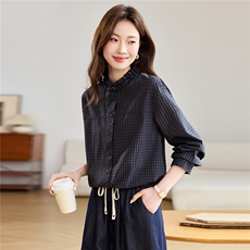 纯棉格子开春衬衫女款2026新款木耳立领休闲减龄上衣，女装衬衫，忆绮罗