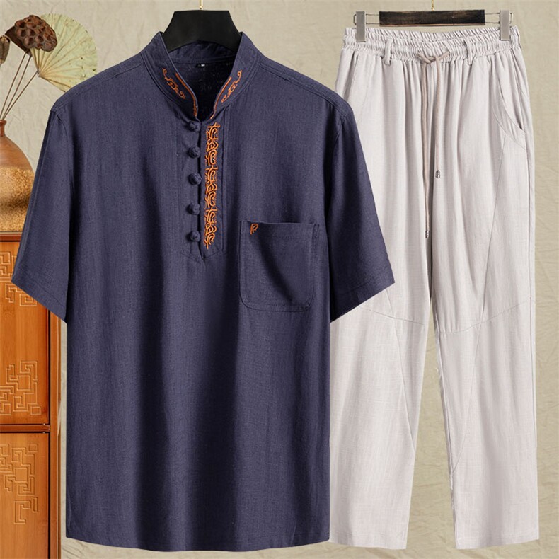 男士唐装中式盘扣短袖衬衫风立体刺绣T恤套装526+1665-P115，男装民族服装，星座1105-3