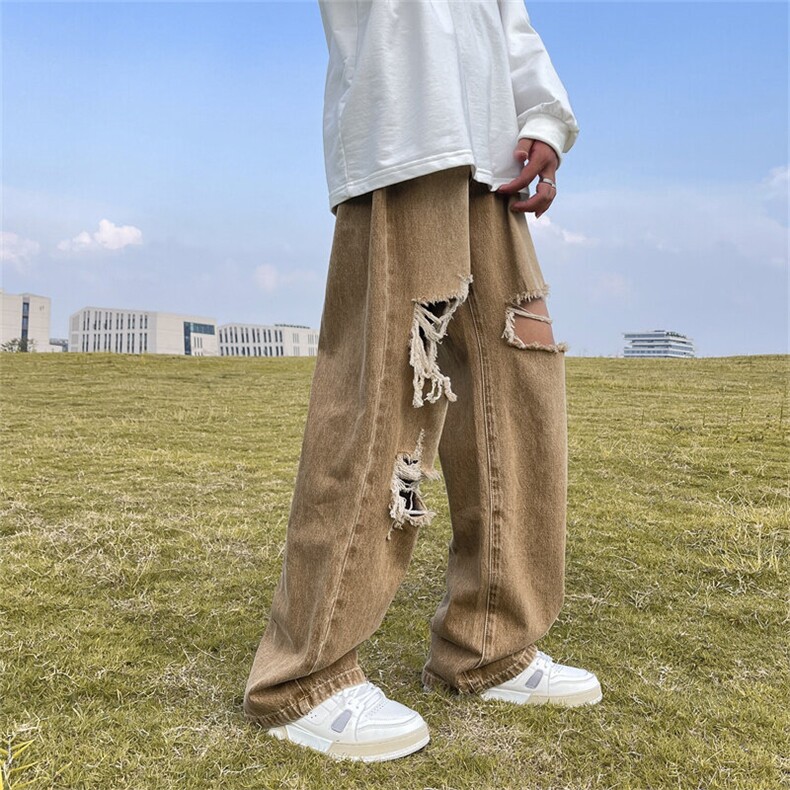 美式街头嘻哈破洞牛仔裤男款潮牌水洗做旧宽松直筒oversize阔腿裤图片
