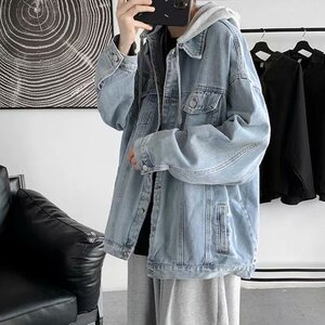 假两件牛仔外套男春秋新款宽松痞帅韩版夹克休闲帅气潮牌连帽上衣图片