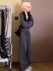 女春季新款时尚休闲套装宽松减龄拉链开衫抽绳外套直筒长裤两件套，女装套装/套裙，江南