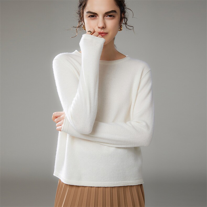 2025年秋季新款卷边圆领针织羊绒打底衫时尚休闲通勤百搭，女装羊绒衫，珍丝贝尔