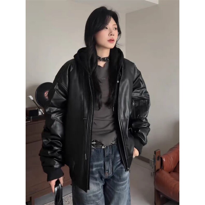 连帽pu皮衣外套男女新款春秋宽松美式假两件皮夹克上衣LB1012-P95,男装夹克,星座1008