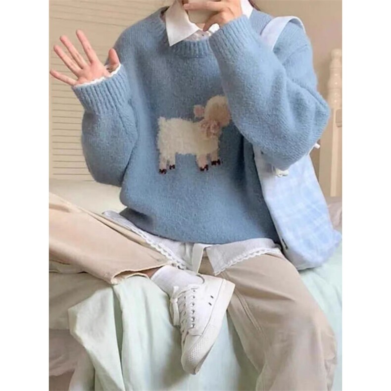 MM129-P68美式可爱羊羔图针织圆领长袖毛衣学生软糯宽松上衣,针织衫/毛衣,星座617A-2