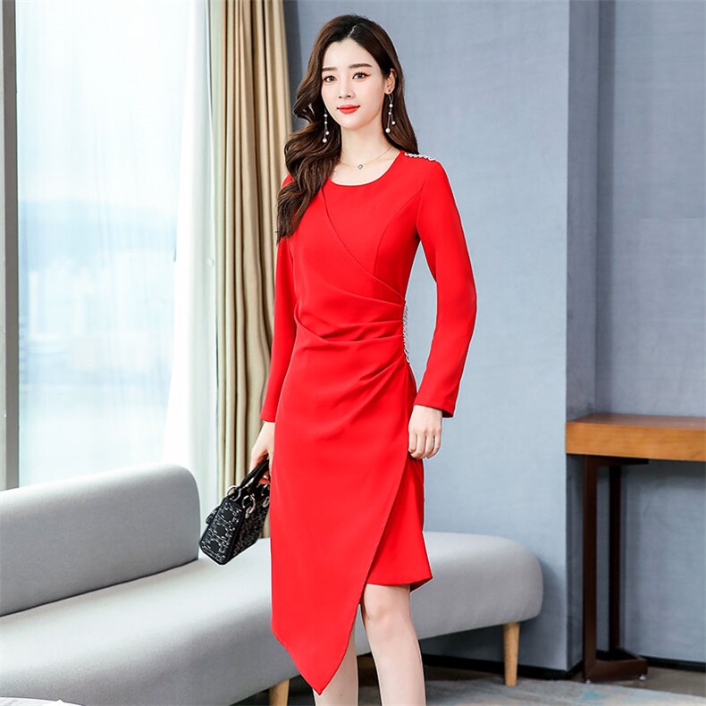2021秋装新款优雅修身显瘦红色中长款褶皱连衣裙,女装连衣裙,韩蜜菓