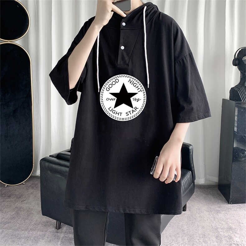 LD54008-P45连帽短袖t恤男大码胖子带帽五分袖中袖,男装T恤,电商A040