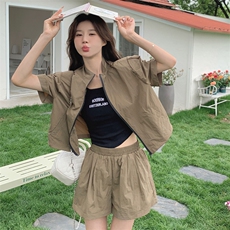 韩版工装复古穿搭短裤套装女2025年夏季新款小个子时尚洋气两件套，女装防晒衣，2D143