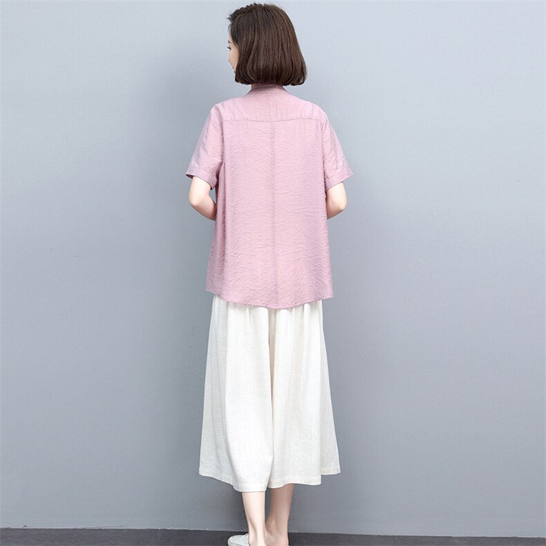 2022重工刺绣短袖衬衫女夏季新款妈妈衬衣棉麻风休闲上衣,女装衬衫,忆绮罗