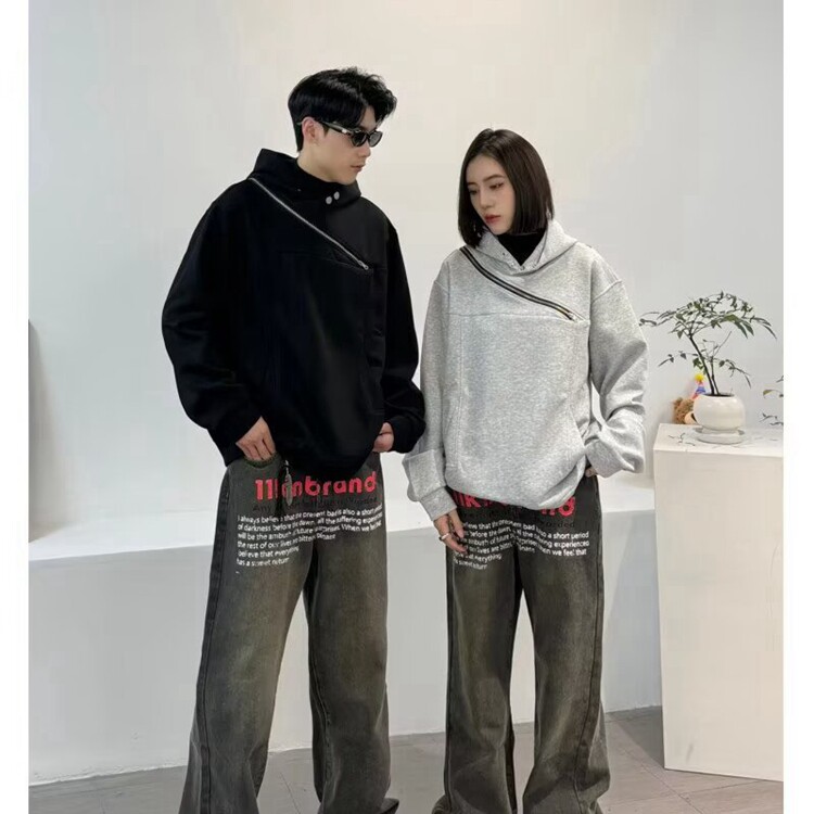 美式斜拉链连帽卫衣男款春秋季高街小众设计感潮牌高级休闲感外套，女装短外套，星座218-8