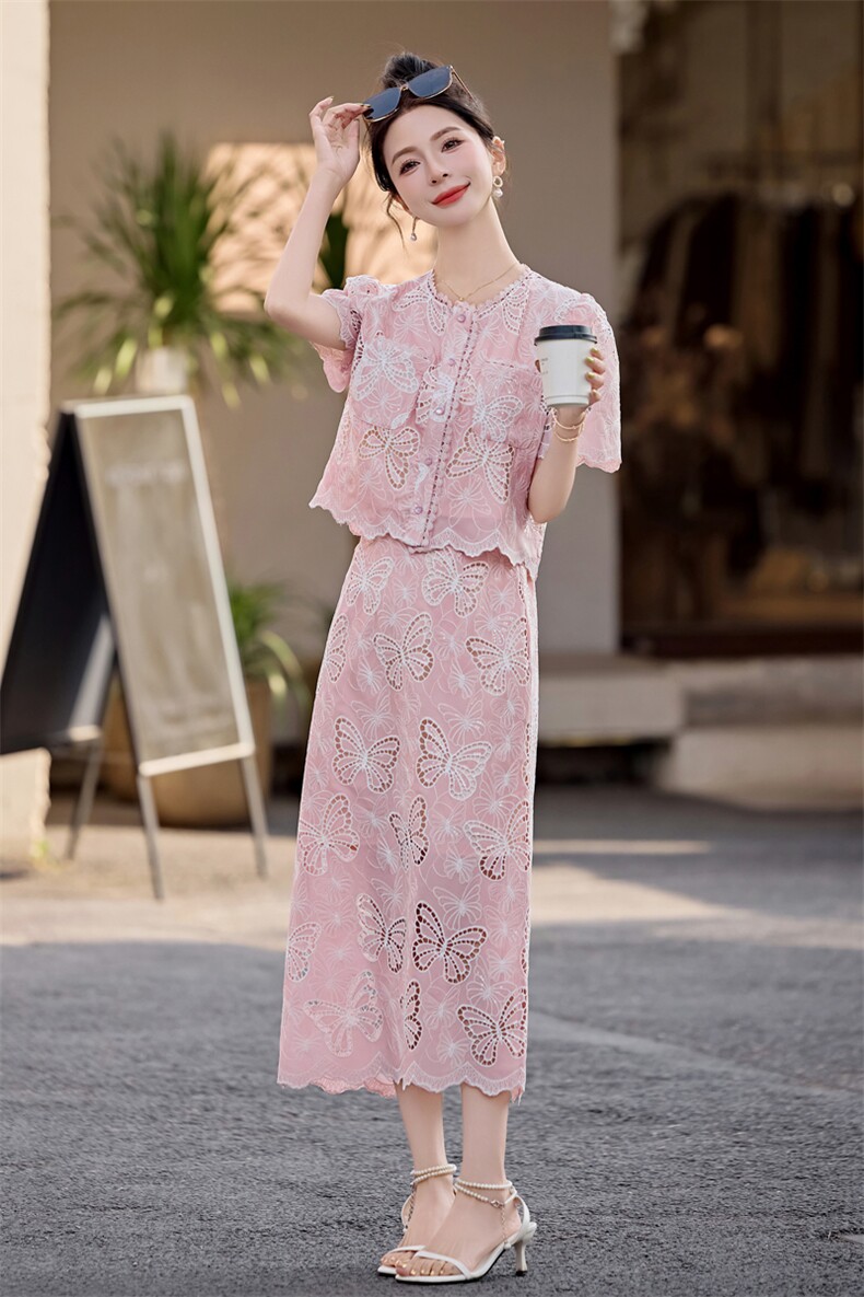 春夏短袖蕾丝小香风套装裙女高级感名媛刺绣上衣高腰A字裙两件套,女装套装/套裙,雅静靓衣