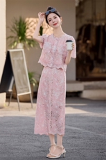 春夏短袖蕾丝小香风套装裙女高级感名媛刺绣上衣高腰A字裙两件套，女装套装/套裙，雅静靓衣