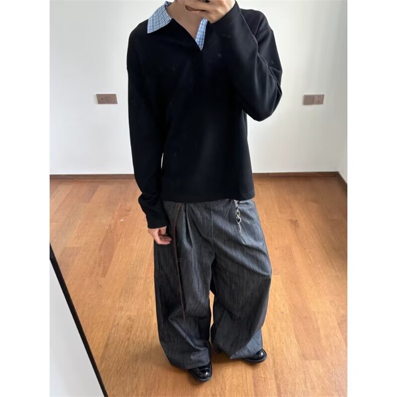 蓝色格子拼接翻领T恤长袖上衣情侣款卫衣男女图片