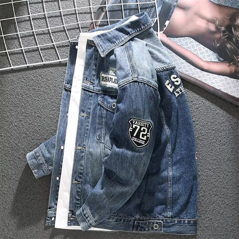 1506/QY80680/P44绣标牛仔宽松大码上衣男生潮流翻领休闲夹克潮牌,男装夹克,星座1506