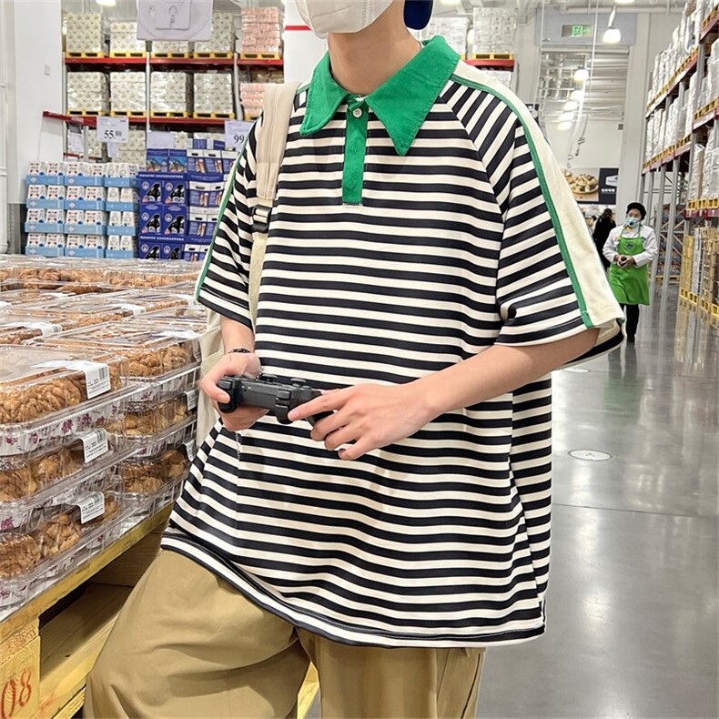 美式复古条纹polo衫有领T恤男士夏季翻领蓝白五分袖短袖PL056-P32,男装Polo衫,星座308B-1