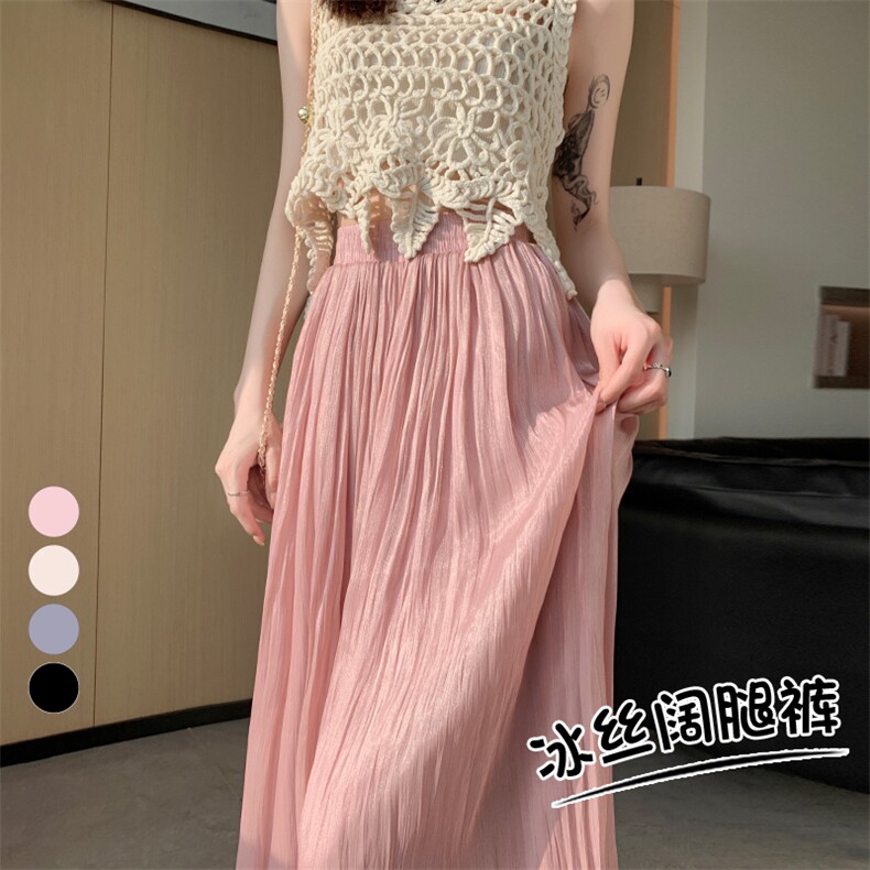 夏季新款琉璃纱冰丝显瘦阔腿裤气质千褶裙裤宽松垂感阔腿裤薄，女装休闲裤，梦白服饰厂
