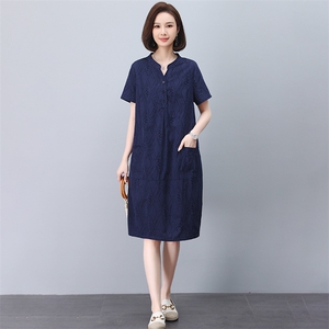 纯棉连衣裙女绣花2025夏季新款宽松休闲大码直筒茧型十三行中长裙图片